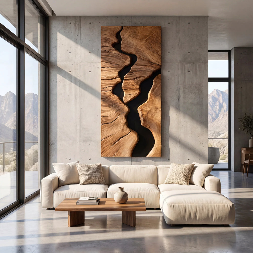 River Canyon Solid Wood Wall Sculpture – Vertical Organic Modern Abstract Art Panel