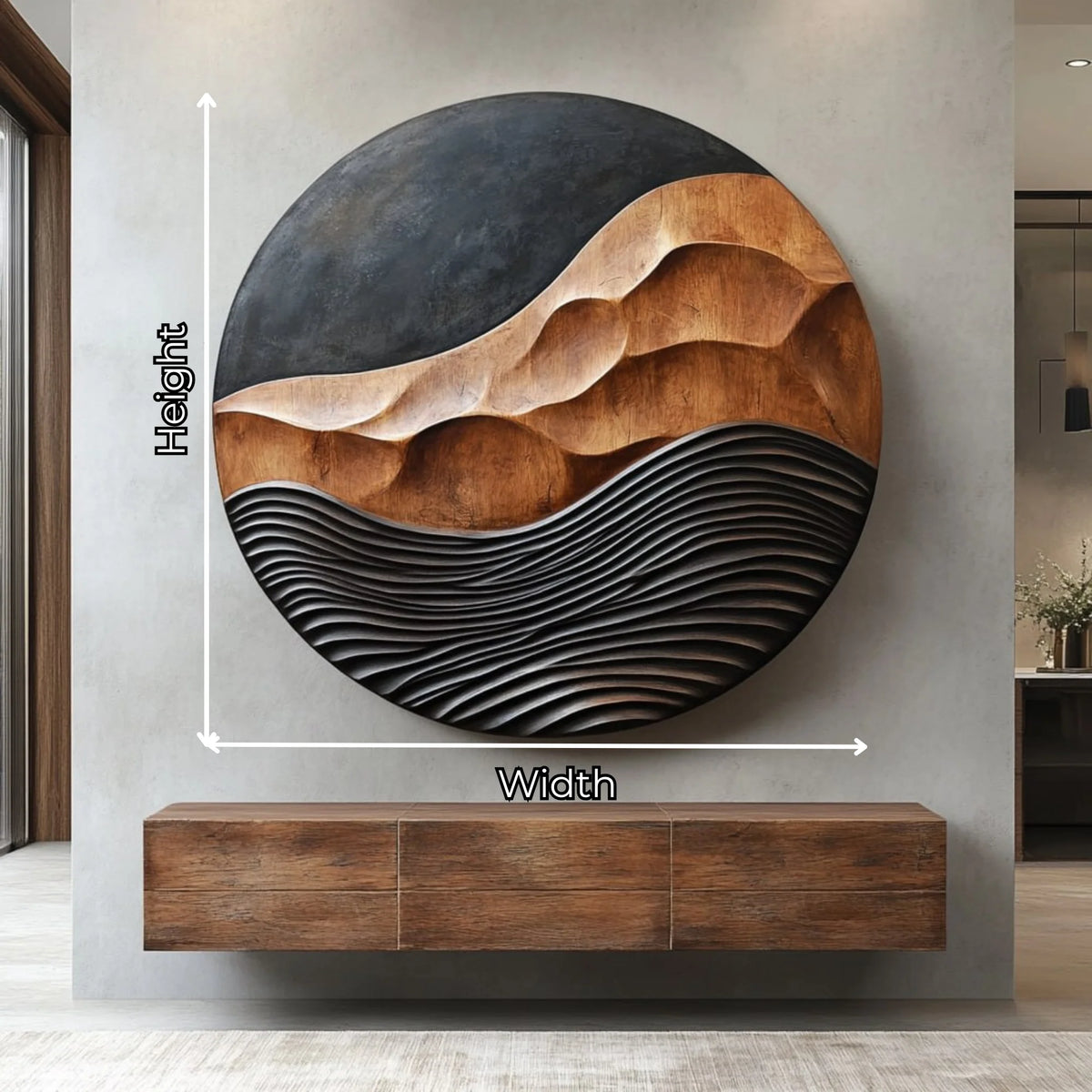Mountain Waves – Solid Wood Round Wall Art with Carved Mountain Relief