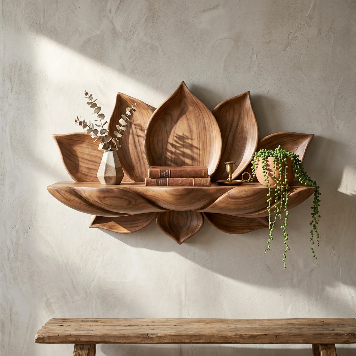 Handcrafted Lotus Petal Solid Wood Wall Shelf