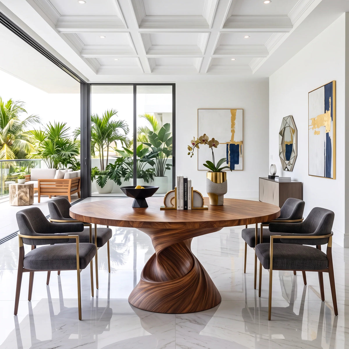 Modern Solid Wood Dining Table with Sculptural Helix-Inspired Base
