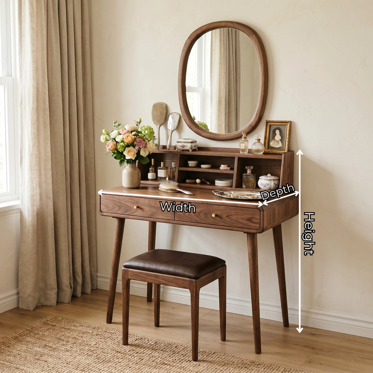 Handcrafted Solid Wood Vanity Desk with Open Organizer Shelf and Storage Drawer