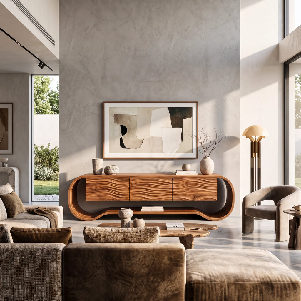 Sculptural Ribbon-Frame Solid Wood TV Console with Wave-Carved Doors