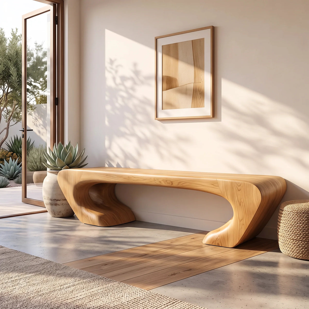 Organic Balance – Solid Wood Bench with Sculptural Asymmetrical Base and Flowing Seat