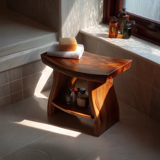 Solid Wood Bathroom Stool with Sculpted Seat and Open Shelf Storage