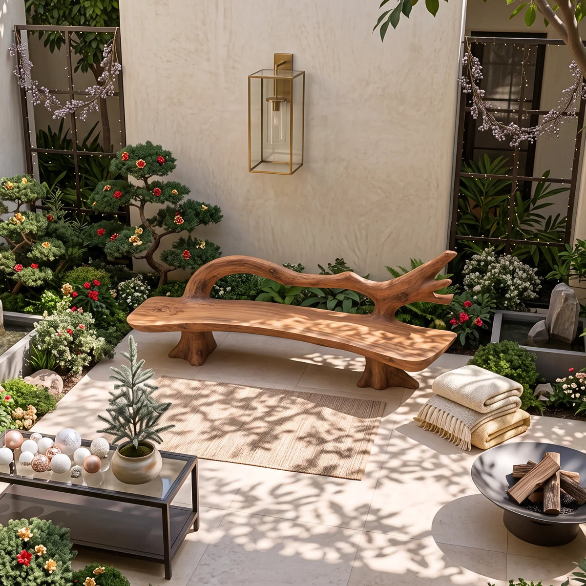Flowing Branch – Handcrafted Solid Wood Outdoor Bench with Sculptural Backrest