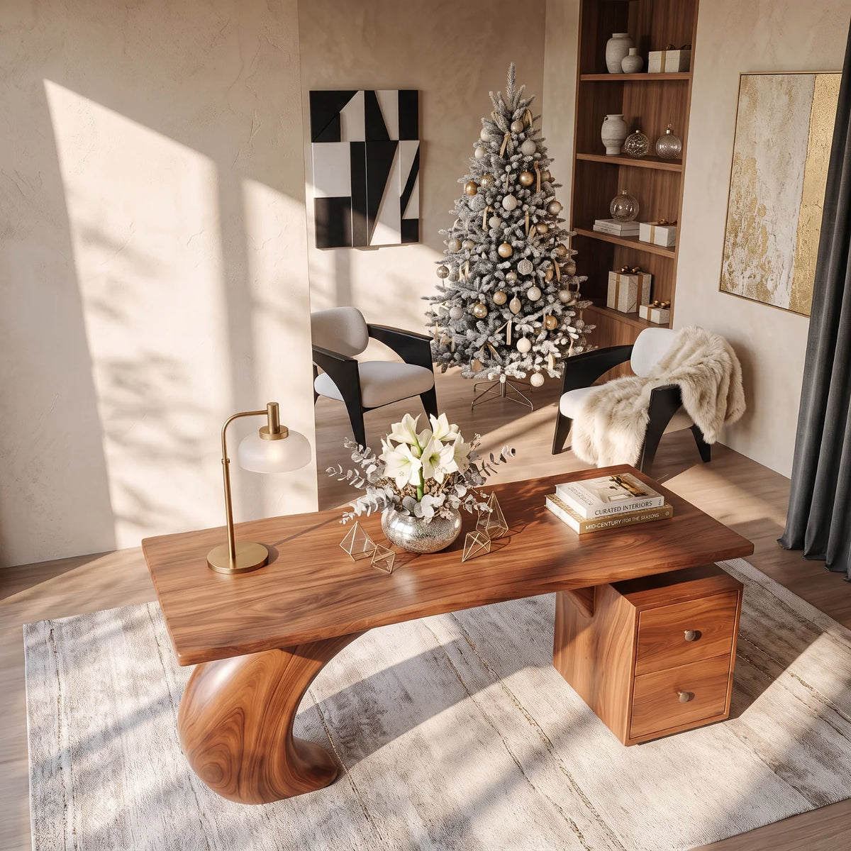 Sculptural Solid Wood Desk with Curved Base and Two Drawers