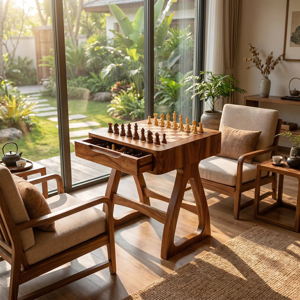 Sculptural Solid Wood Chess Table with Storage Drawer