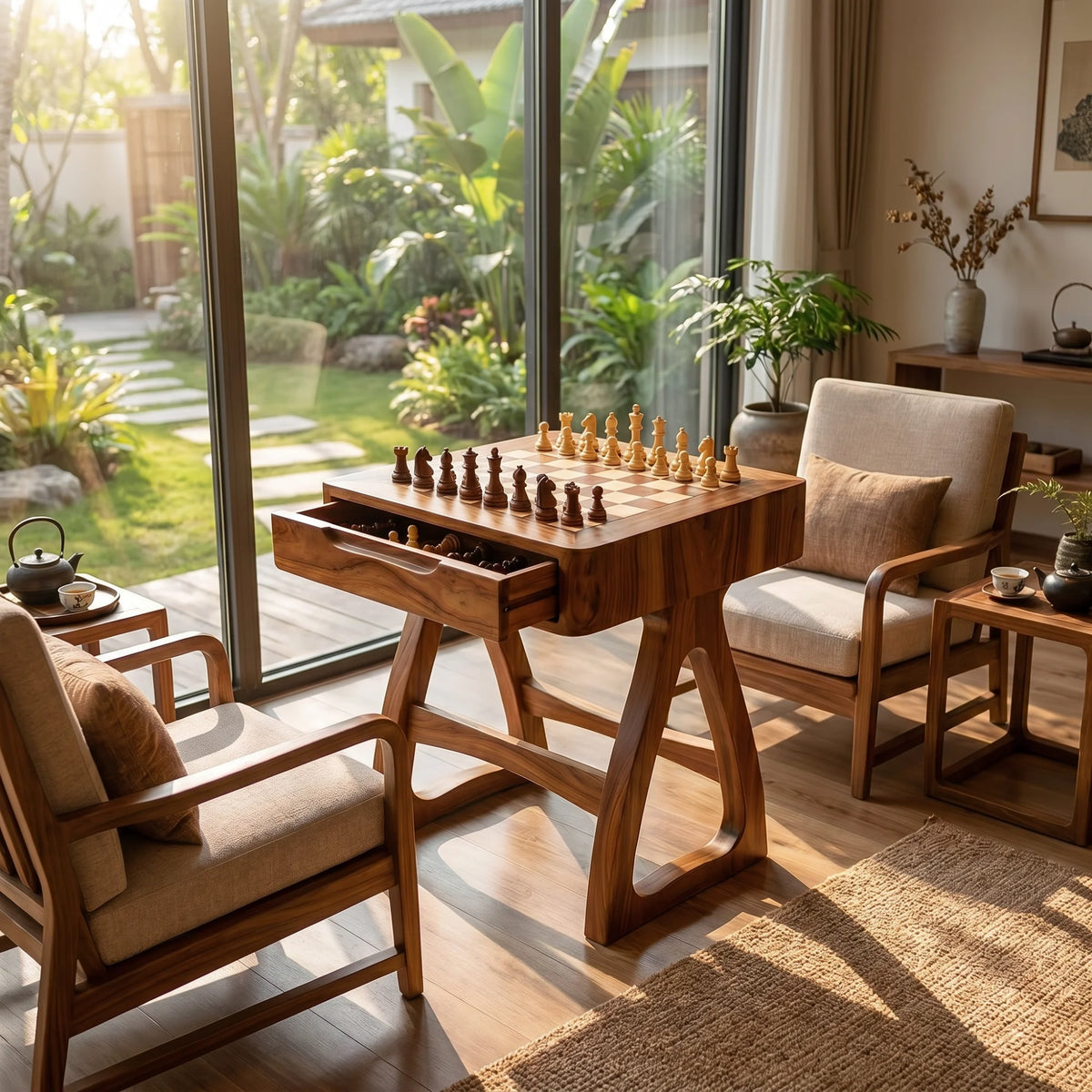 Sculptural Solid Wood Chess Table with Storage Drawer