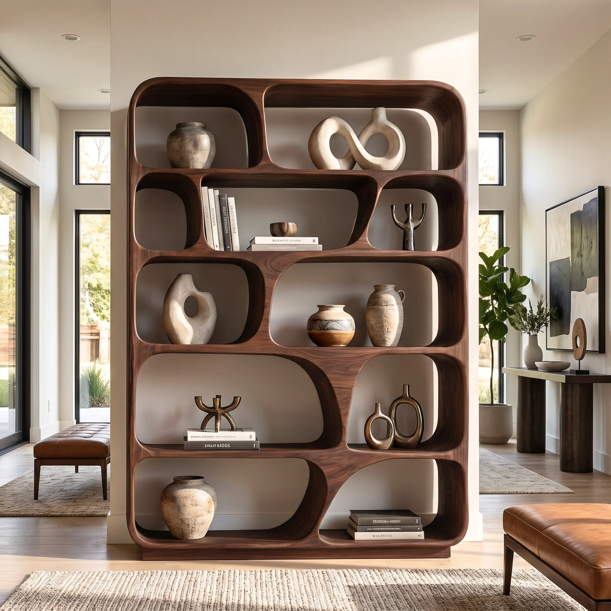 Organic Grid – Rounded Solid Wood Bookcase with Open Display Compartments