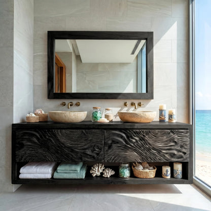 Solid Wood Double Bathroom Vanity Cabinet with Carved Wave Front and Open Storage Shelf