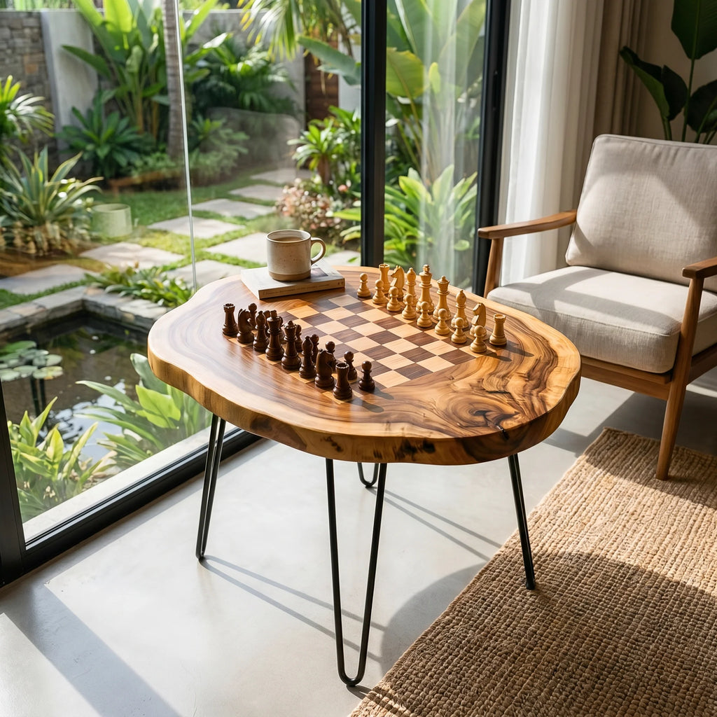 Organic Slab Top Chess Coffee Table with Hairpin Legs