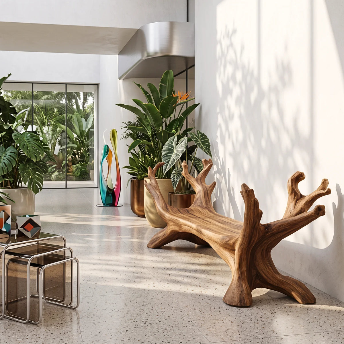 Branch Harmony – Sculptural Solid Wood Garden Bench with Branch-Inspired Frame