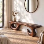 Sculptural Solid Wood Bench with Open Loop Base and Flowing Live Edge Seat