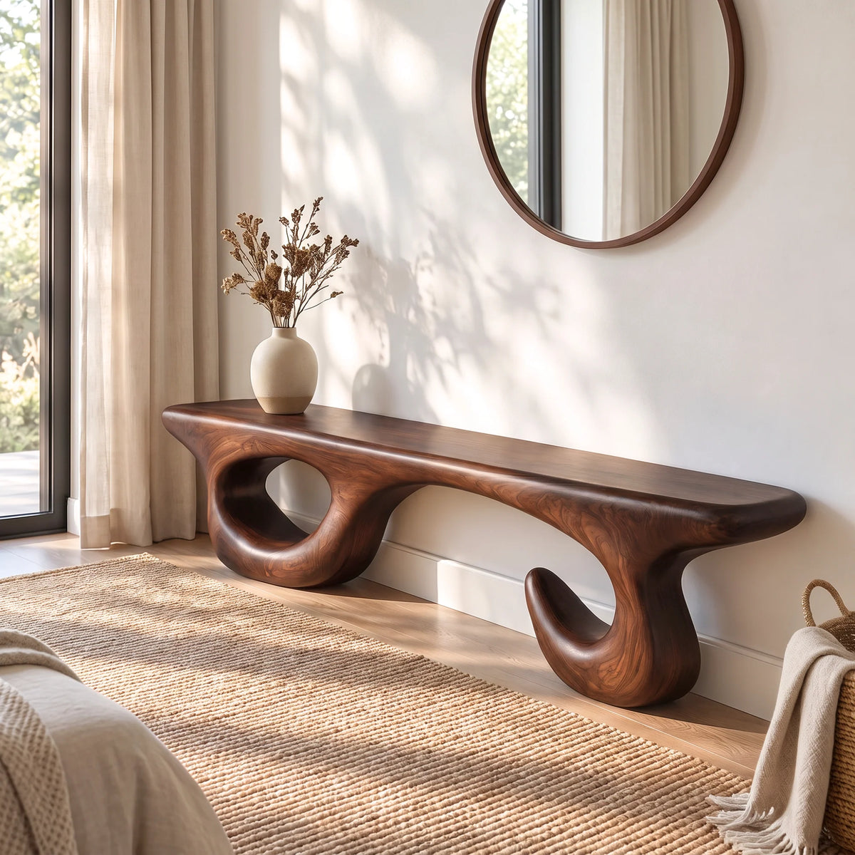 Sculptural Solid Wood Bench with Open Loop Base and Flowing Live Edge Seat