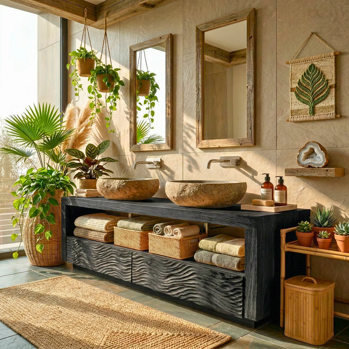 Solid Wood Double Bathroom Vanity with Carved Wave Drawers and Open Shelf Storage