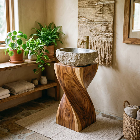 Twisted Solid Wood Pedestal Sink Stand – Sculptural Bathroom Vanity Base