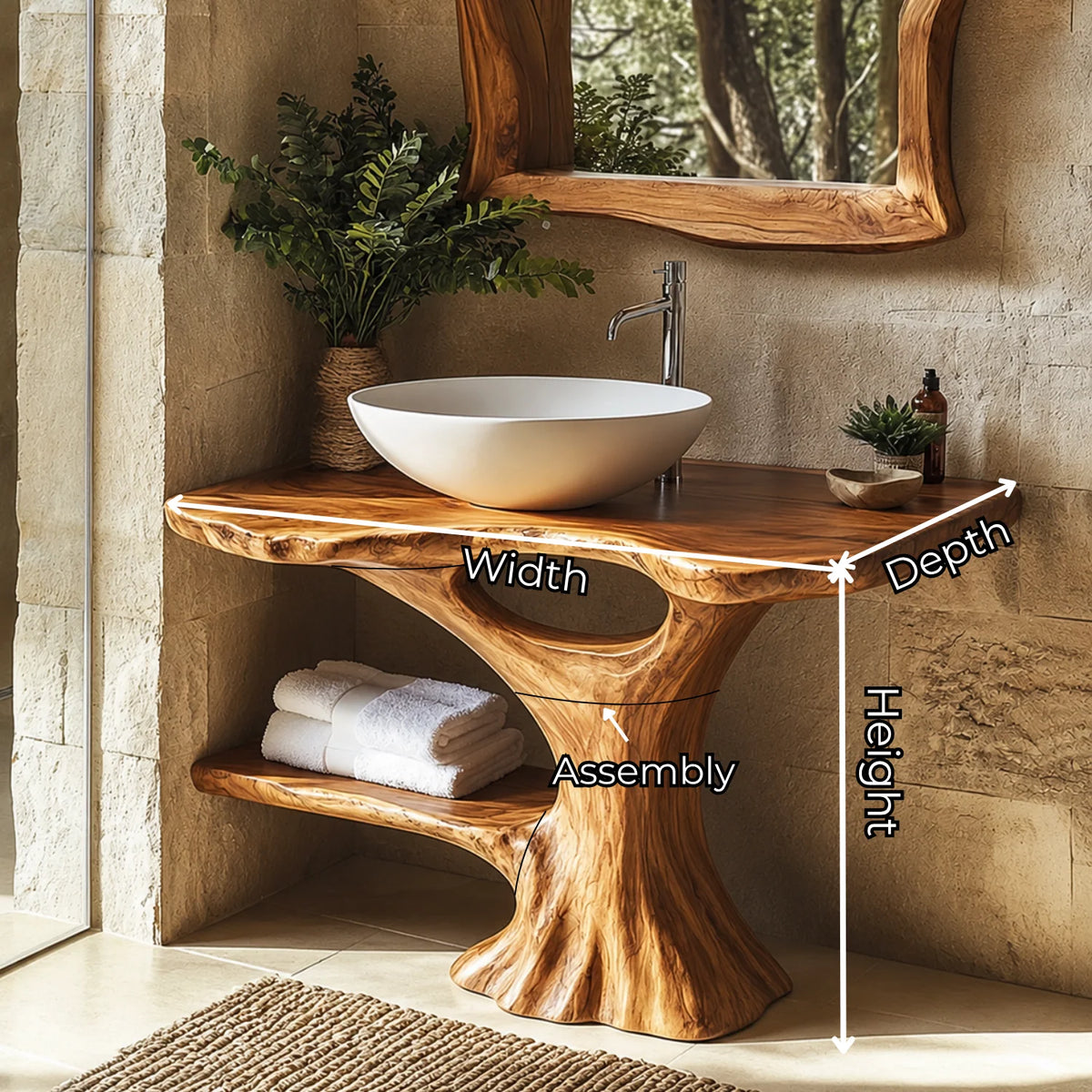 Solid Wood Bathroom Vanity with Organic Trunk Pedestal and Side Shelf Storage