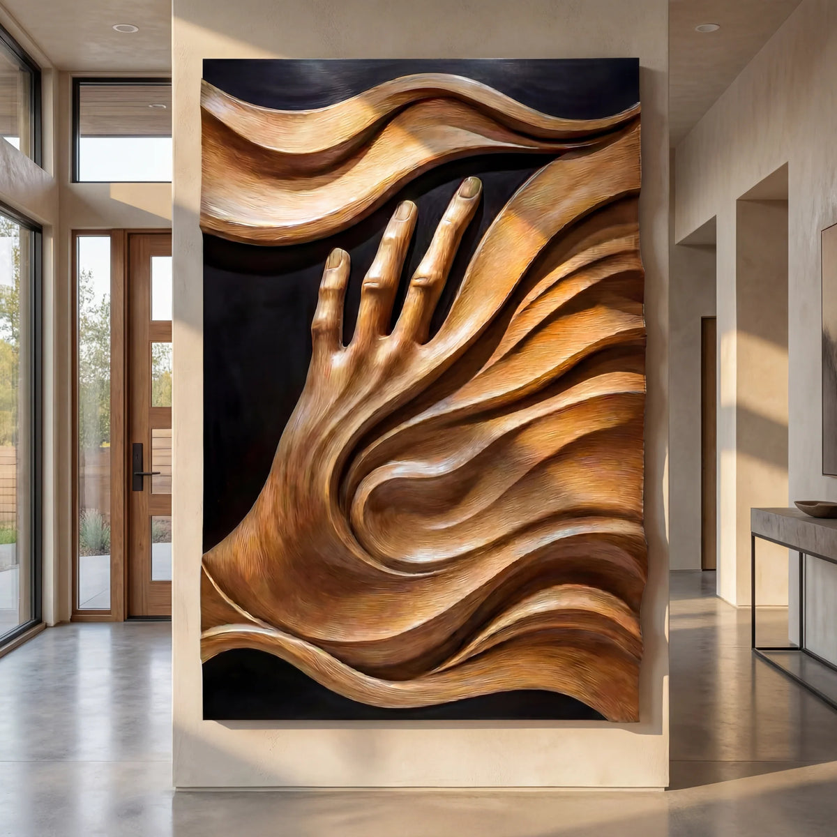 3D Flowing Wave Hand Solid Wood Wall Sculpture – Handcrafted Artistic Decor
