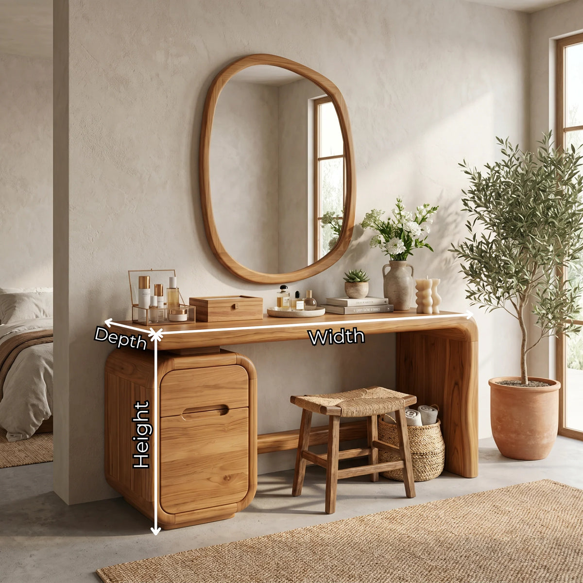 Modern Solid Wood Vanity Desk with Rounded Pedestal and Waterfall Side Design