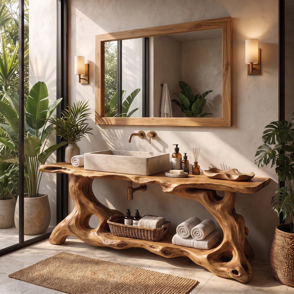 Solid Wood Bathroom Vanity with Sculptural Organic Root Base and Open Shelf Storage