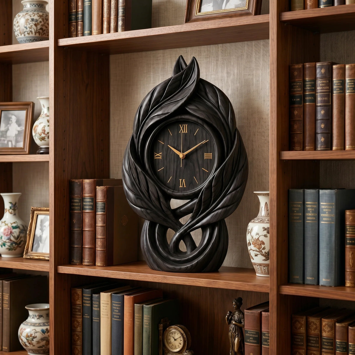 Solid Wood Leaf-Inspired Table Clock – Sculptural Decorative Desk Clock for Modern Interiors