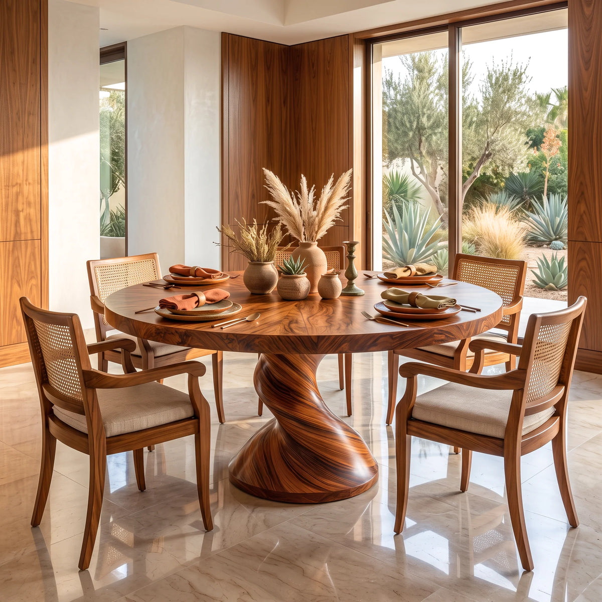 Round Solid Wood Dining Table with Sculptural Twisted Pedestal Base