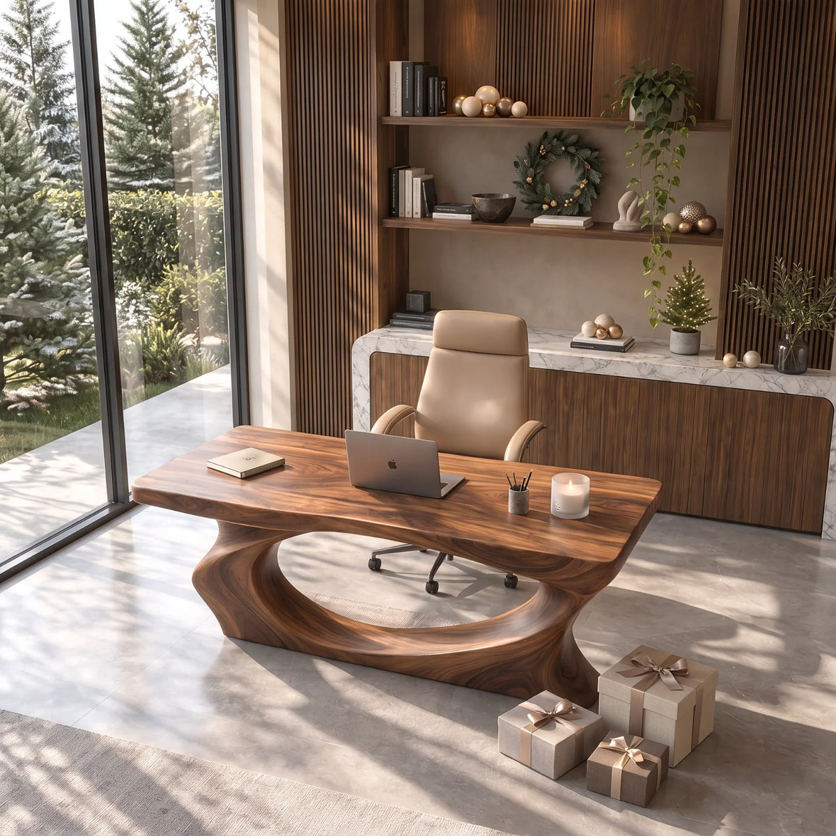 Solid Wood Executive Desk with Sculptural Loop Base