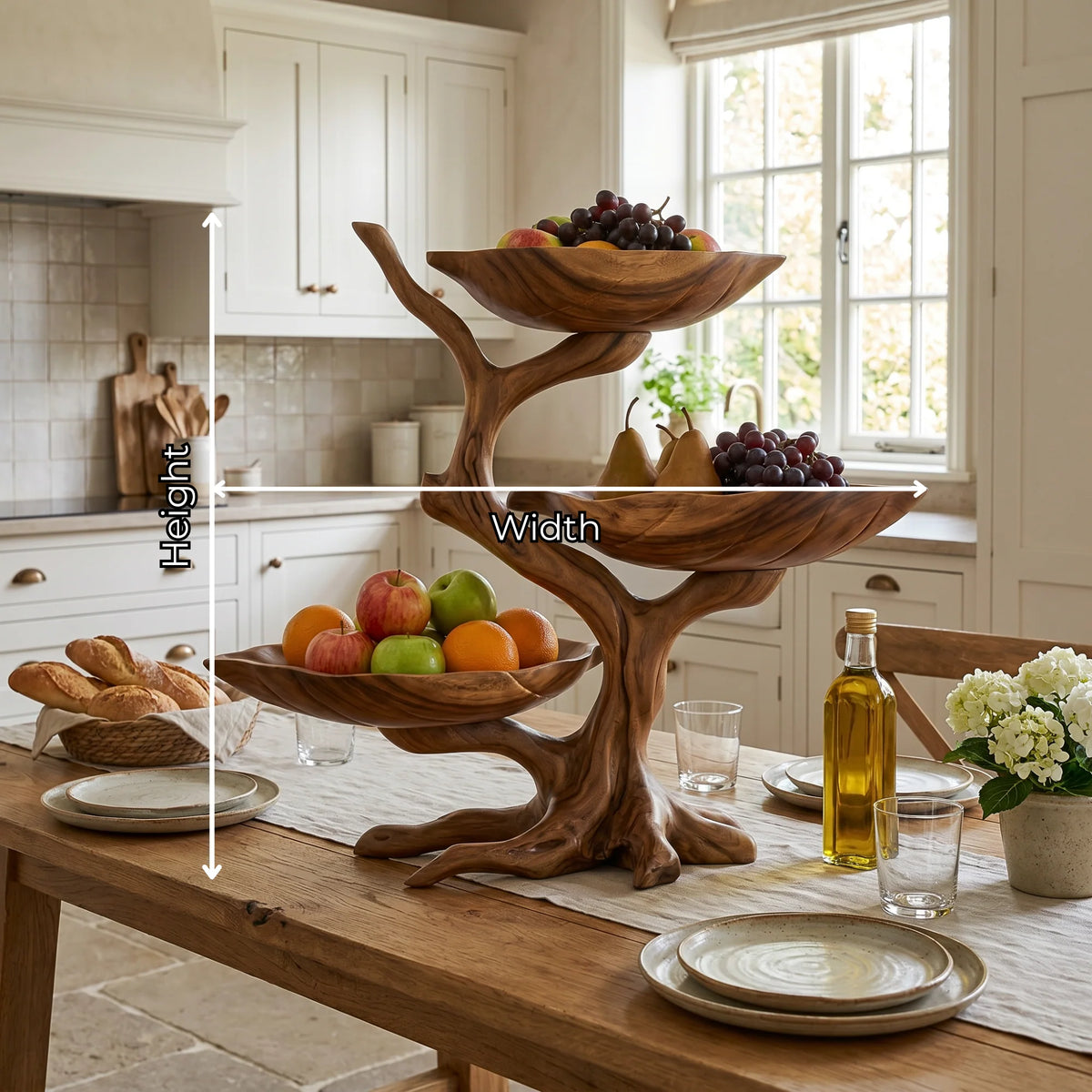 Solid Wood Three-Tier Fruit Display Bowl with Sculptural Branch Pedestal