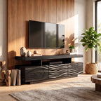 Solid Wood TV Console with Floating Top and Sculpted Wave-Front Cabinet