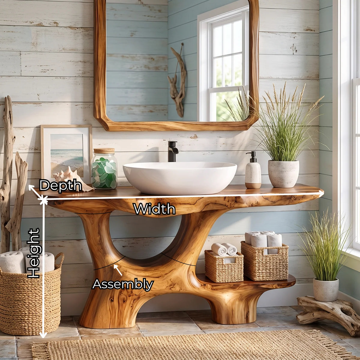 Solid Wood Bathroom Vanity with Open Arch Base and Side Shelf Storage