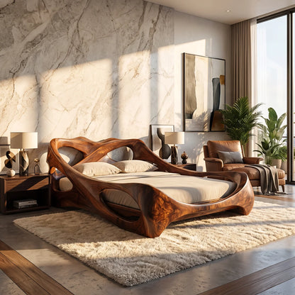 Sculptural Solid Wood Bed Frame with Organic Curved Headboard