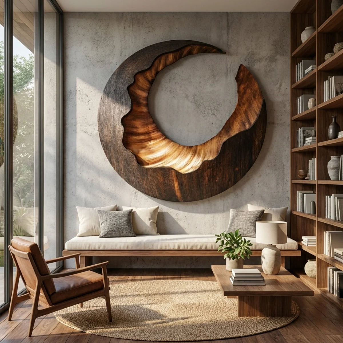 Solid Wood Open Ring Wall Sculpture with Organic Carved Edges