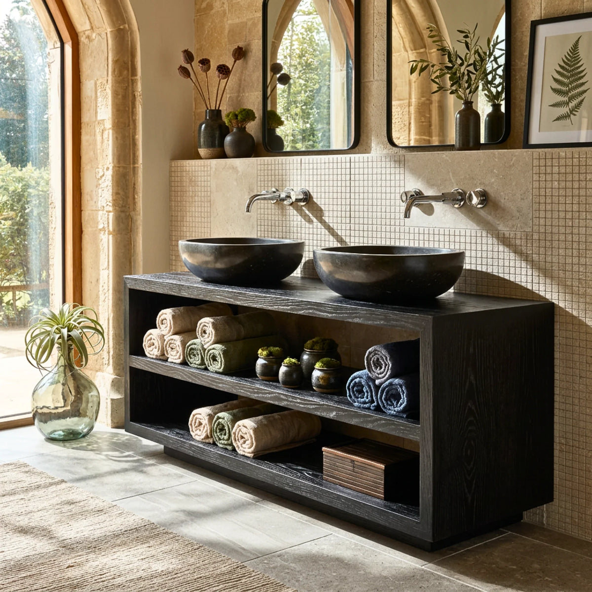 Solid Wood Double Bathroom Vanity with Open Shelf Storage – Modern Wooden Vanity Cabinet