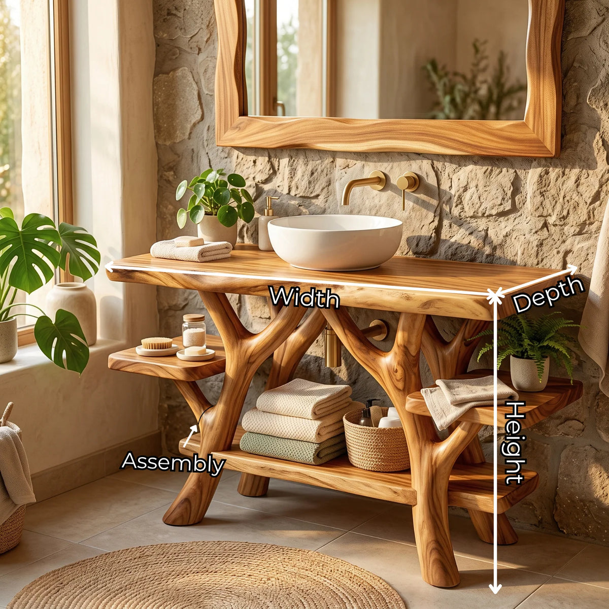 Solid Wood Bathroom Vanity with Sculptural Branch Frame and Open Shelves