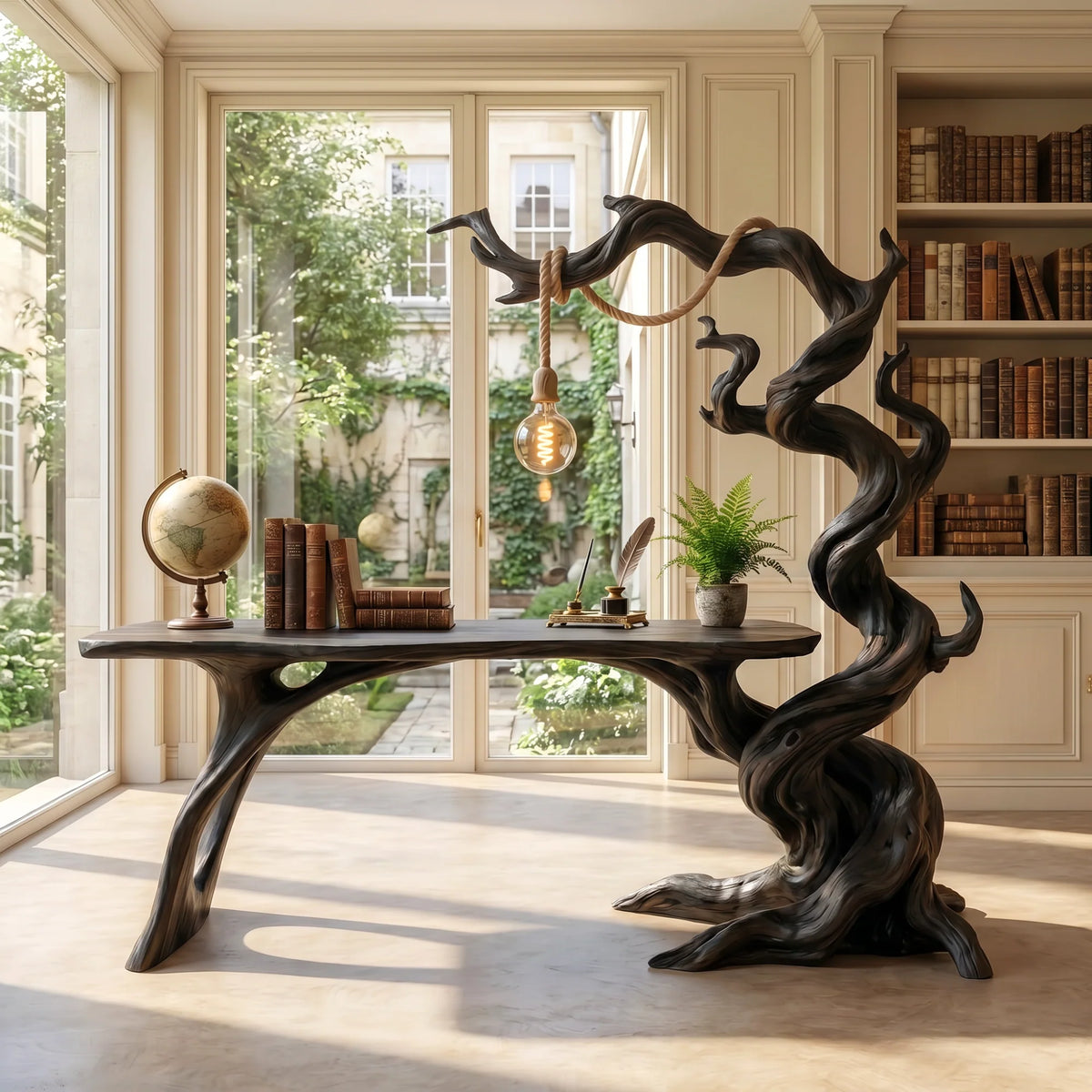 Sculptural Twisted Tree Wood Desk with Hanging Lamp