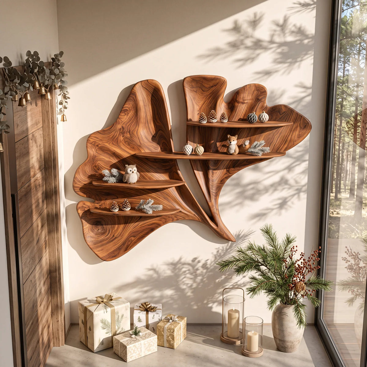 Flowing Leaf Sculptural Solid Wood Wall Shelf