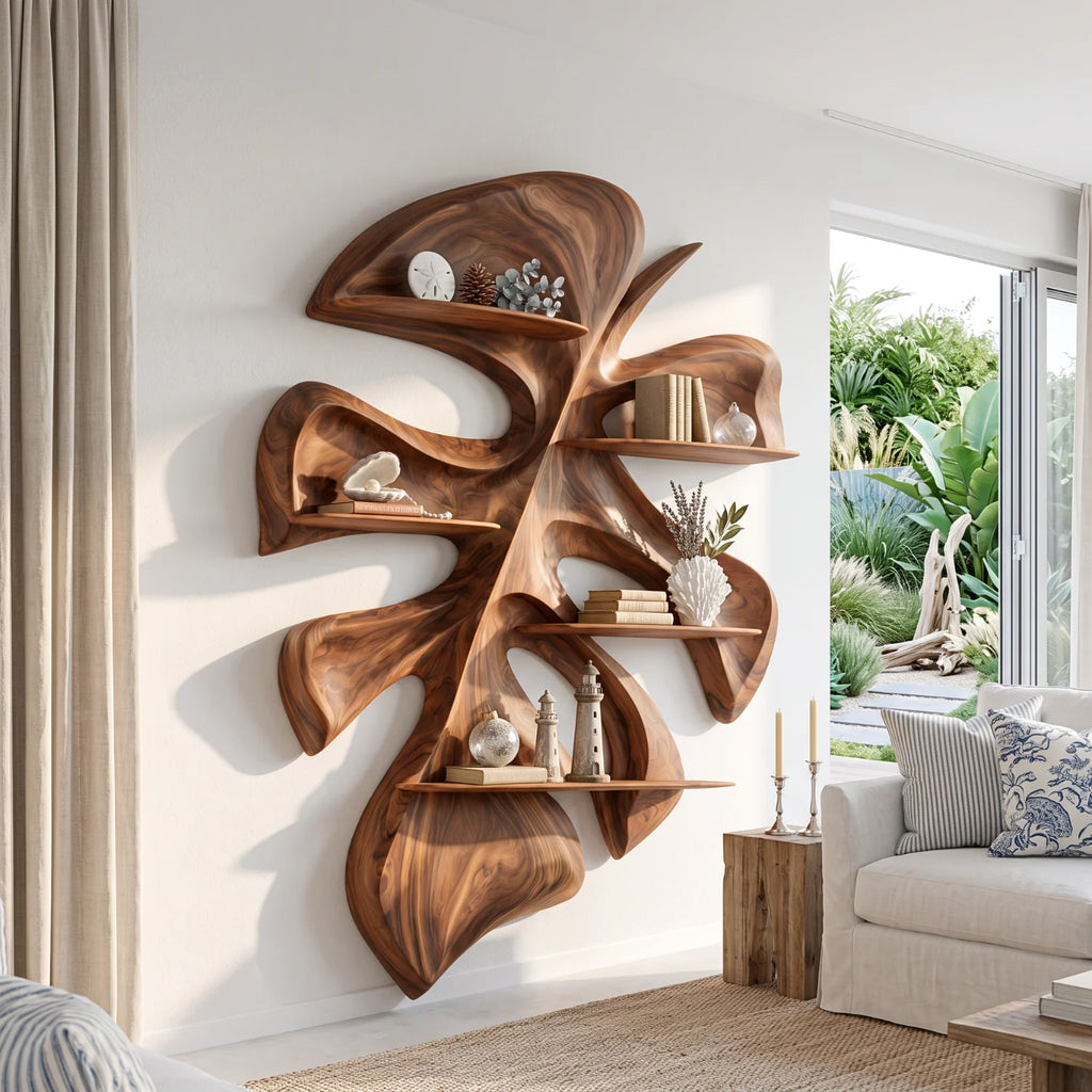 Tropical Leaf Sculptural Solid Wood Floating Shelf
