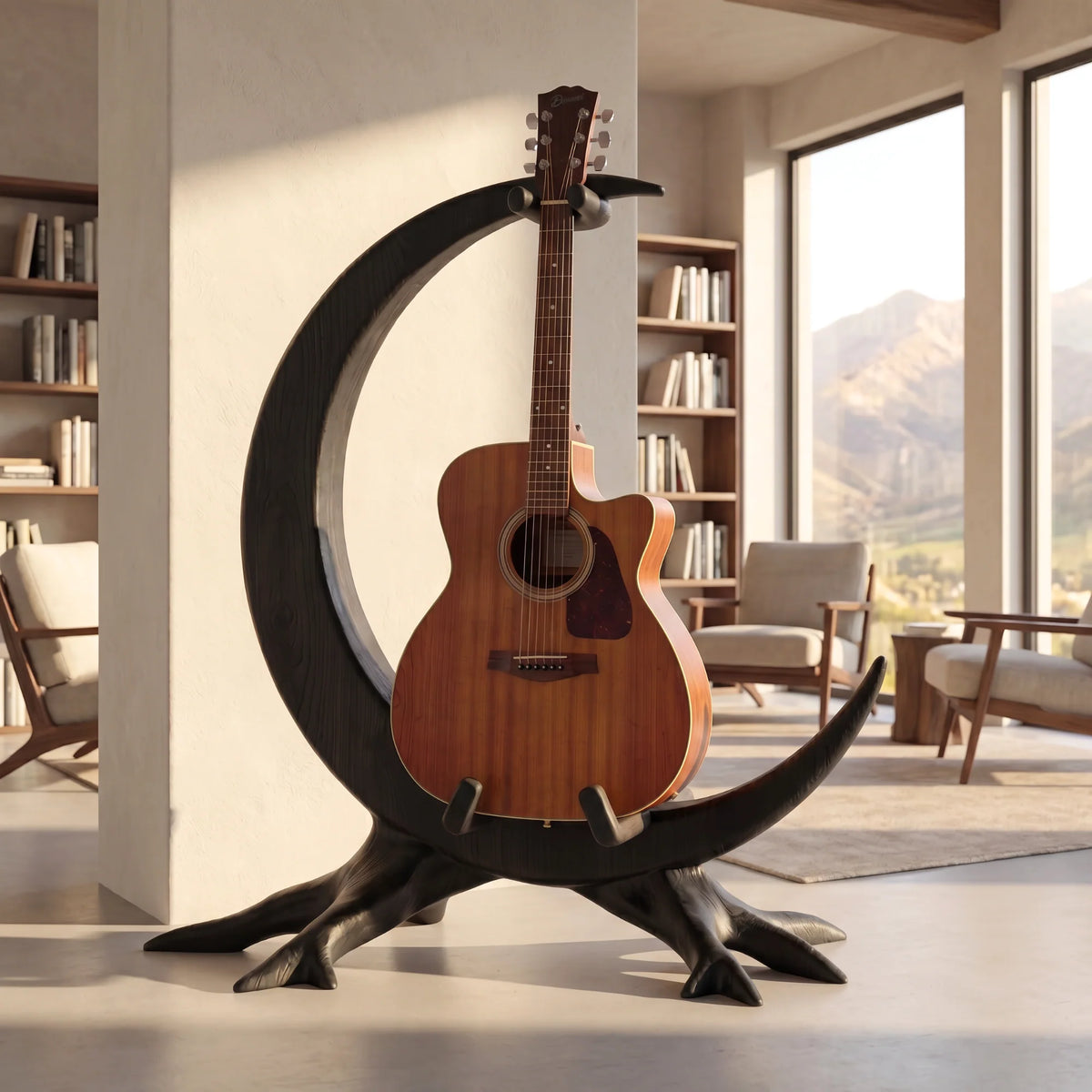 Crescent Sculptural Wooden Guitar Floor Stand