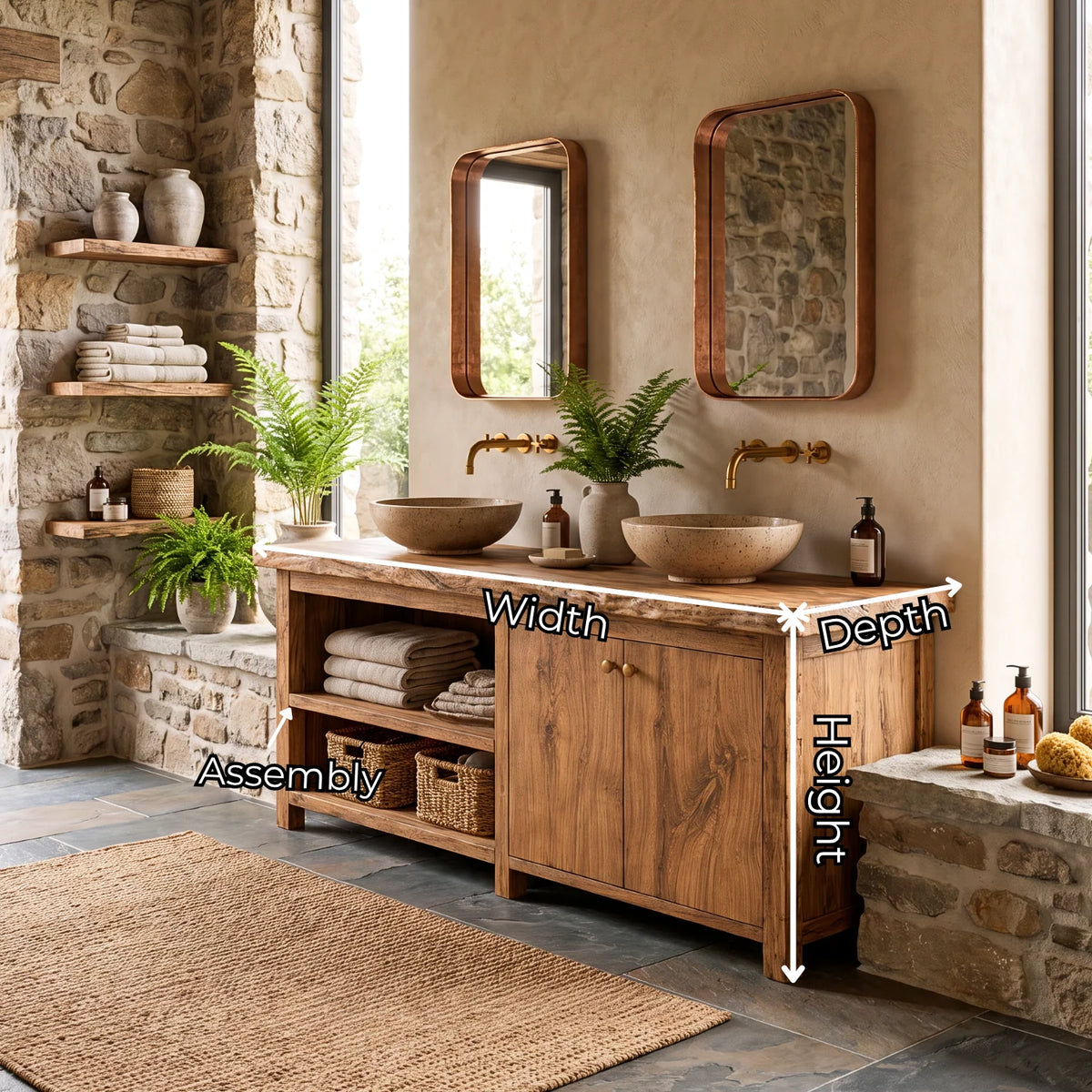 Solid Wood Double Bathroom Vanity – Rustic Wooden Vanity Cabinet for Modern Bathrooms