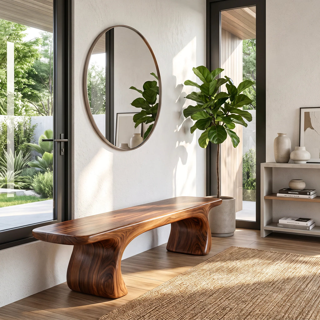 Sculptural Solid Wood Bench with Curved Base and Organic Live Edge Seat