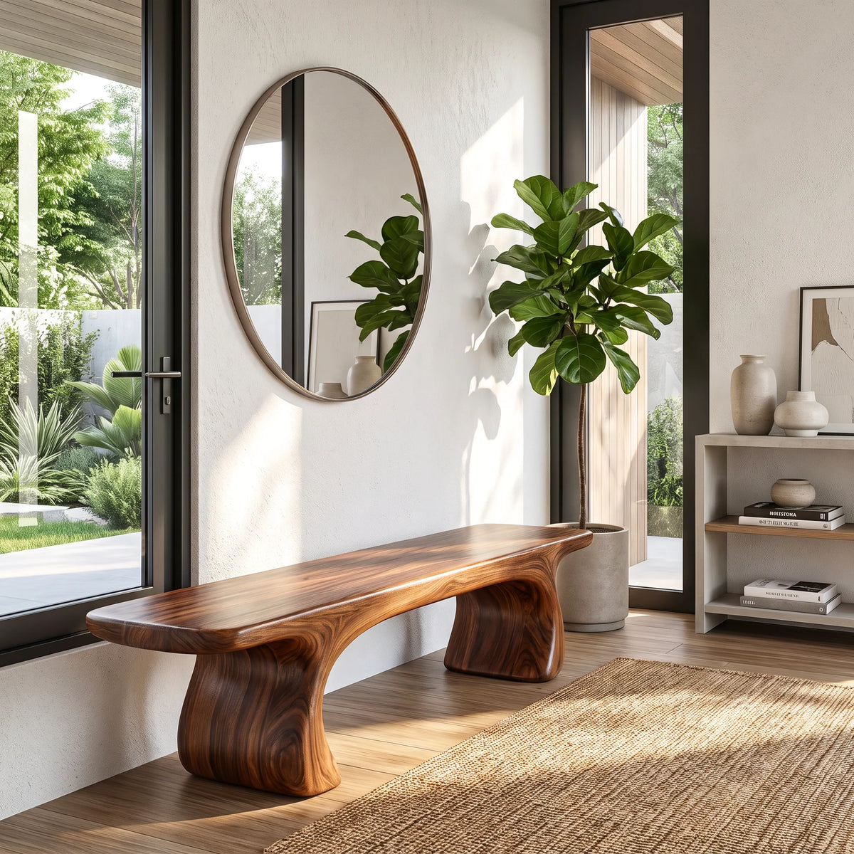 Sculptural Solid Wood Bench with Curved Base and Organic Live Edge Seat