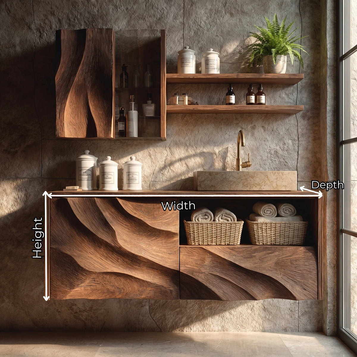 Floating Solid Wood Bathroom Vanity with Layered Organic Relief – Sculptural Wall-Mounted Cabinet