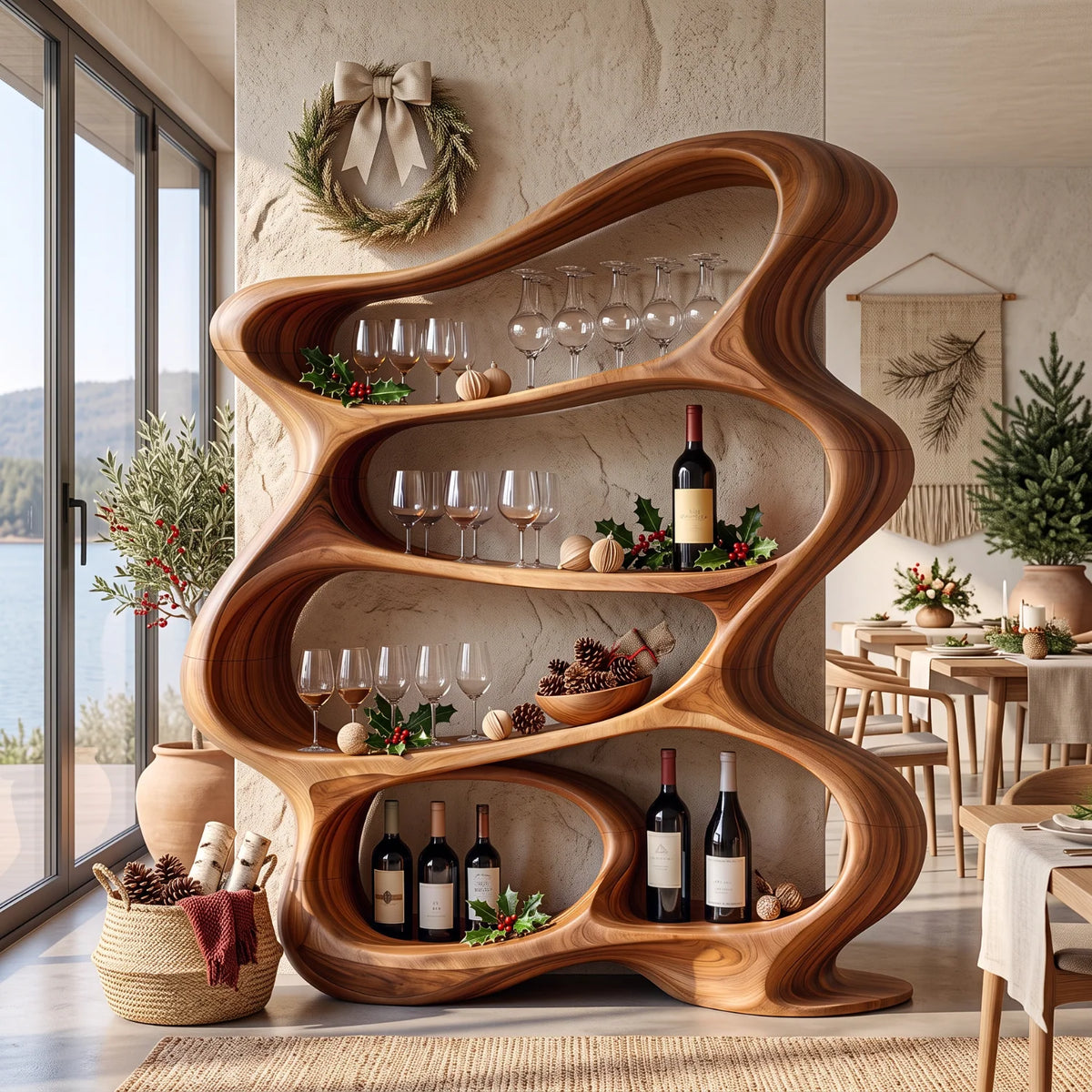 Handcrafted Solid Wood Wine Rack Cabinet with Sculptural Flowing Open Shelves