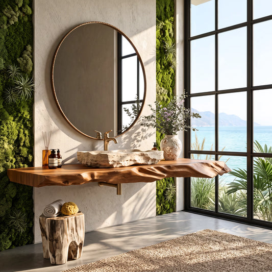 Solid Wood Floating Bathroom Vanity Shelf with Sculptural Live Edge – Modern Organic Wall Shelf