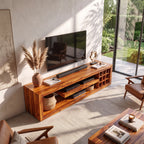 Solid Wood TV Console with Open Media Shelves and Side Storage Cubbies