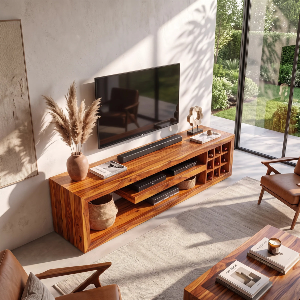 Solid Wood TV Console with Open Media Shelves and Side Storage Cubbies