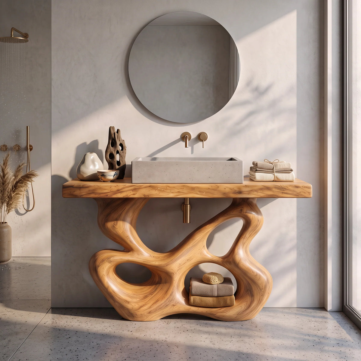Solid Wood Bathroom Vanity with Sculptural Multi-Loop Base