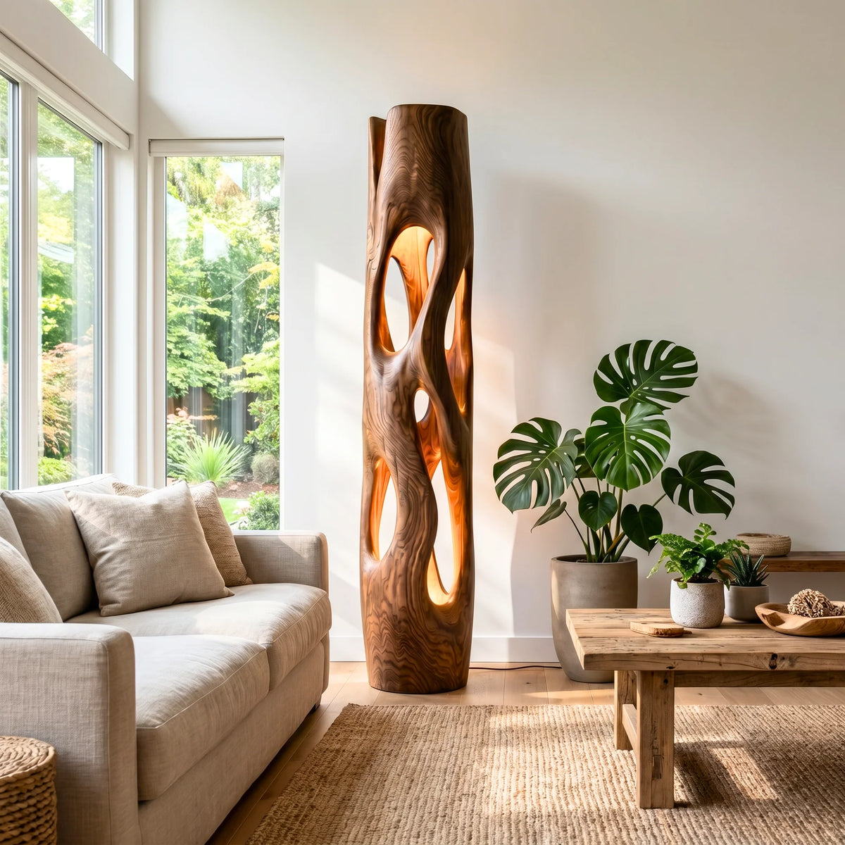 Tall Sculptural Solid Wood Floor Lamp with Open-Cut Design and Warm Ambient Lighting