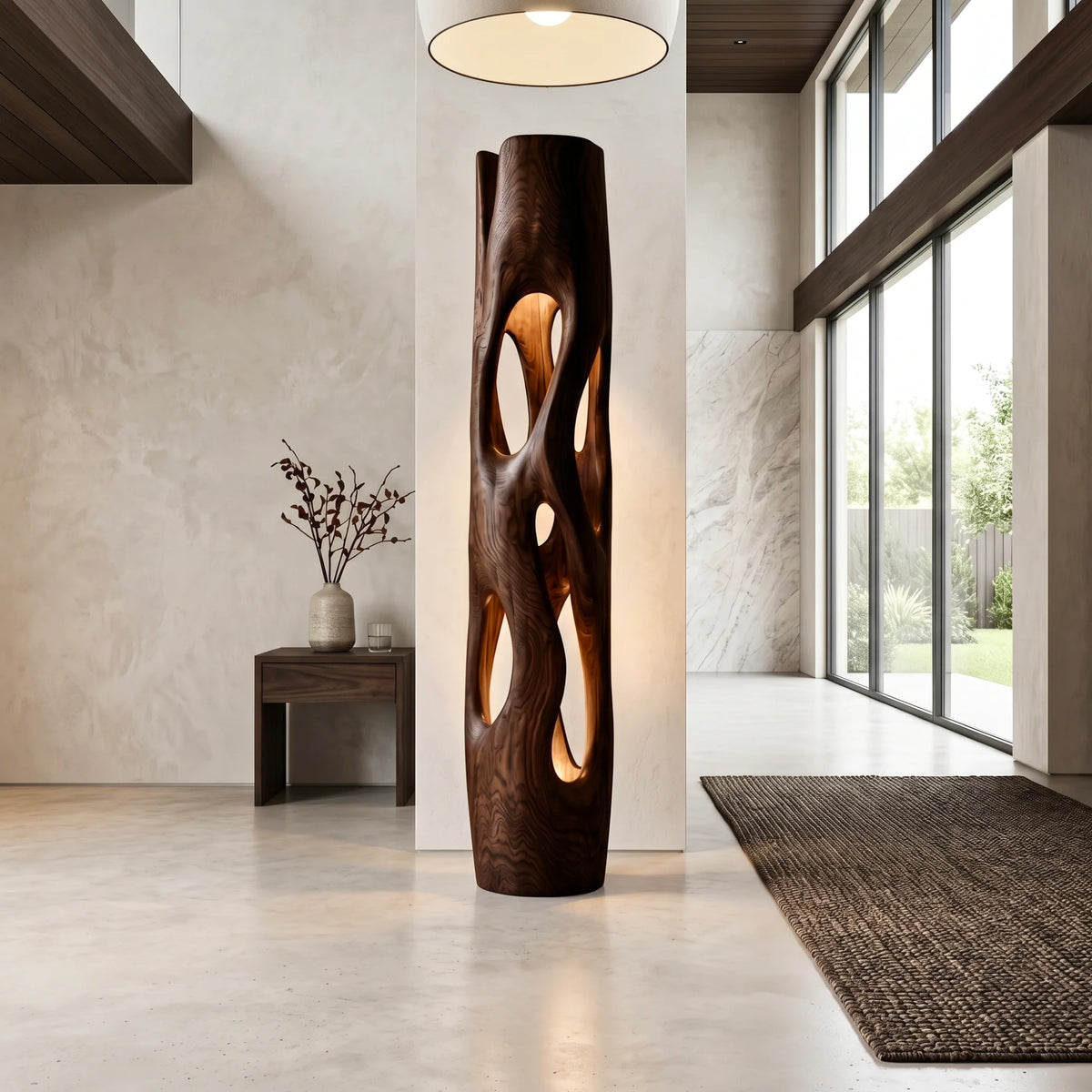 Tall Sculptural Solid Wood Floor Lamp with Open-Cut Design and Warm Ambient Lighting