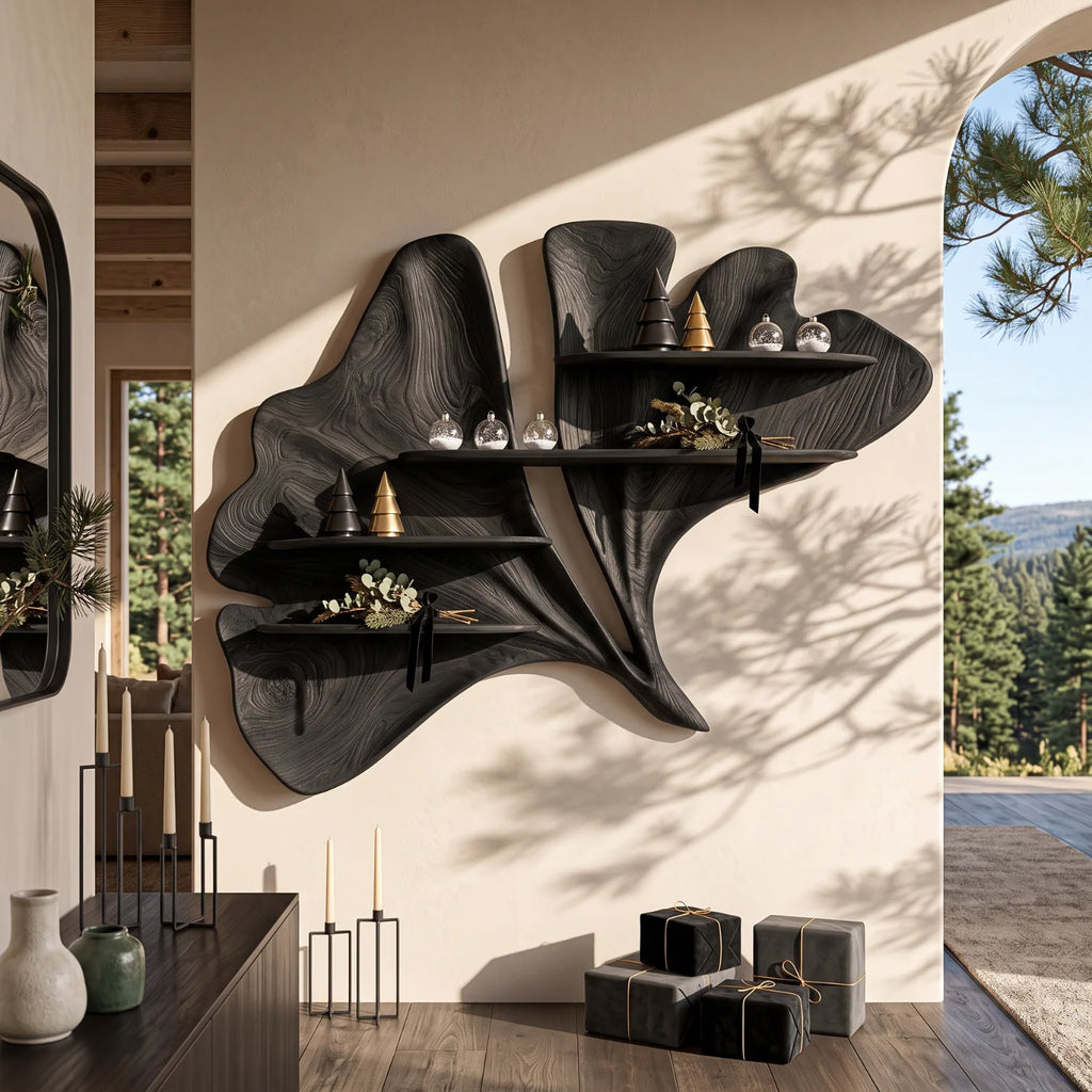 Flowing Leaf Sculptural Solid Wood Wall Shelf